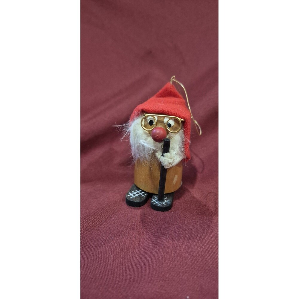 Vintage MCM Wooden Skiing Gnome Ornament Red Felt Hat Wire Glasses Japan EUC